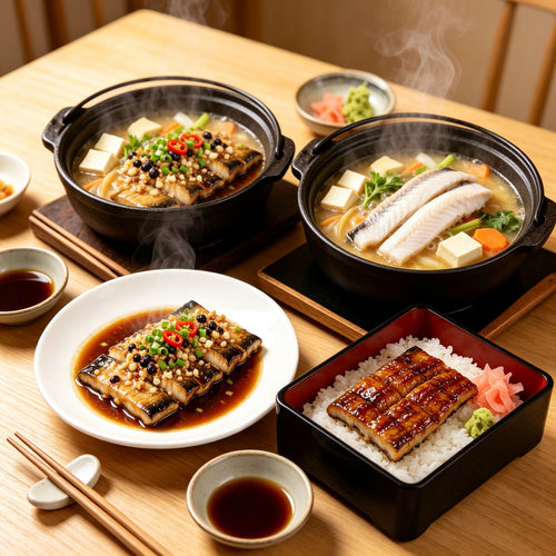 Claypot rice bowls with grilled eel and side dishes
