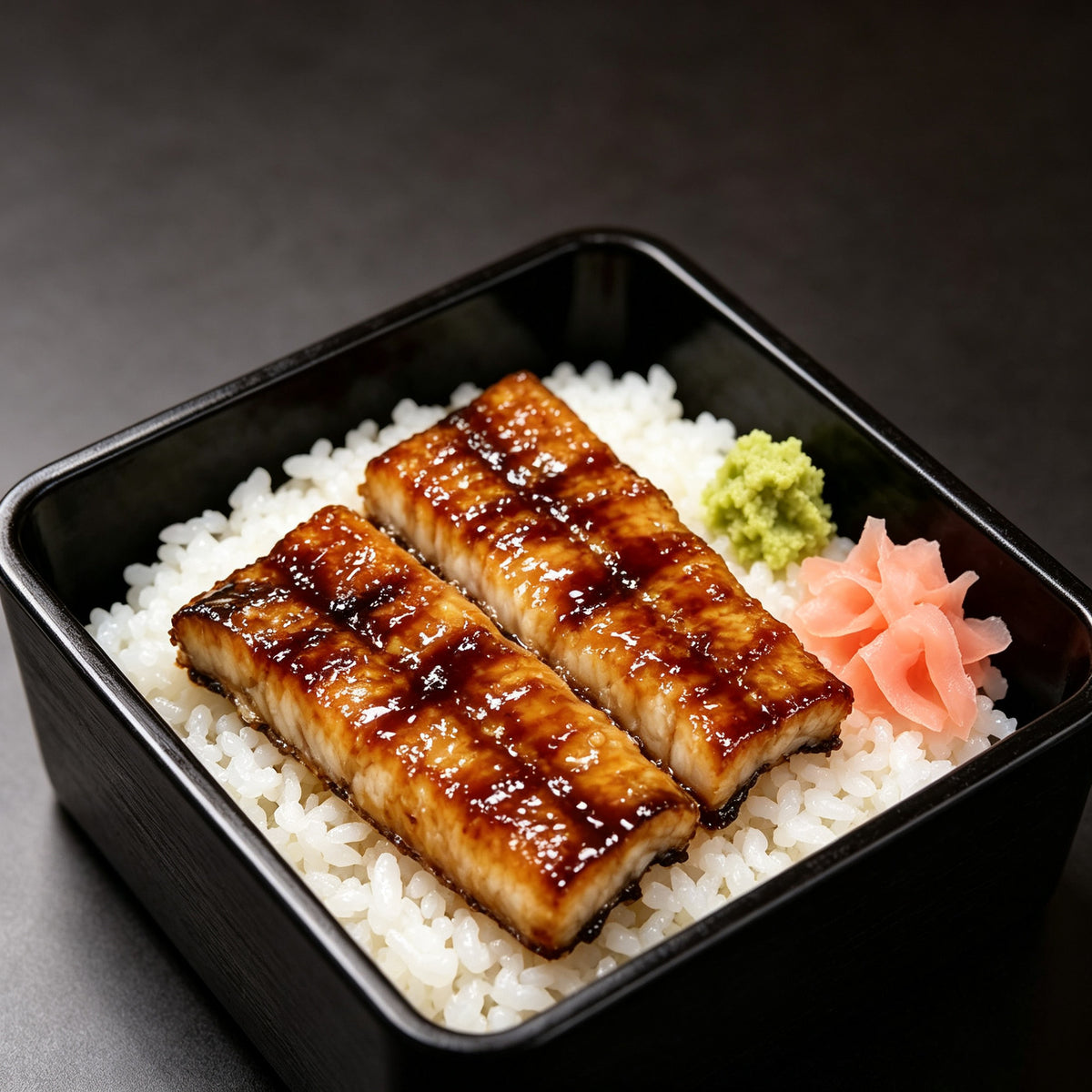 Grilled eel glazed with sauce over rice in a lacquer box