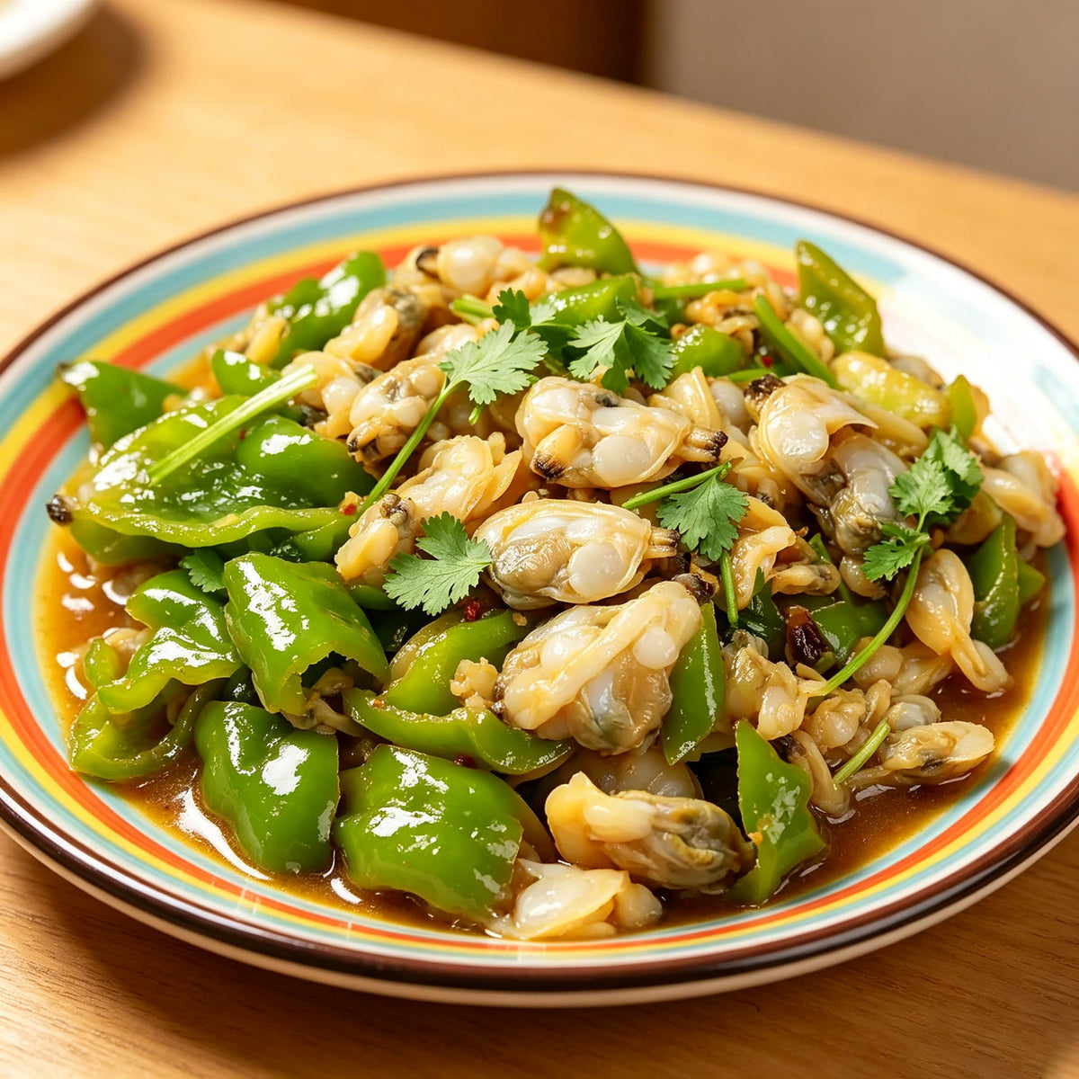 Stir-fried clam meat with green peppers served on a patterned plate