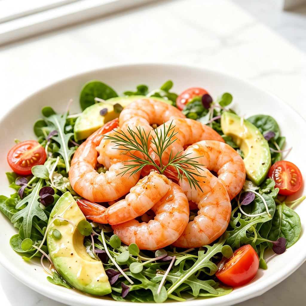 Cooked pink shrimp arranged over an avocado salad