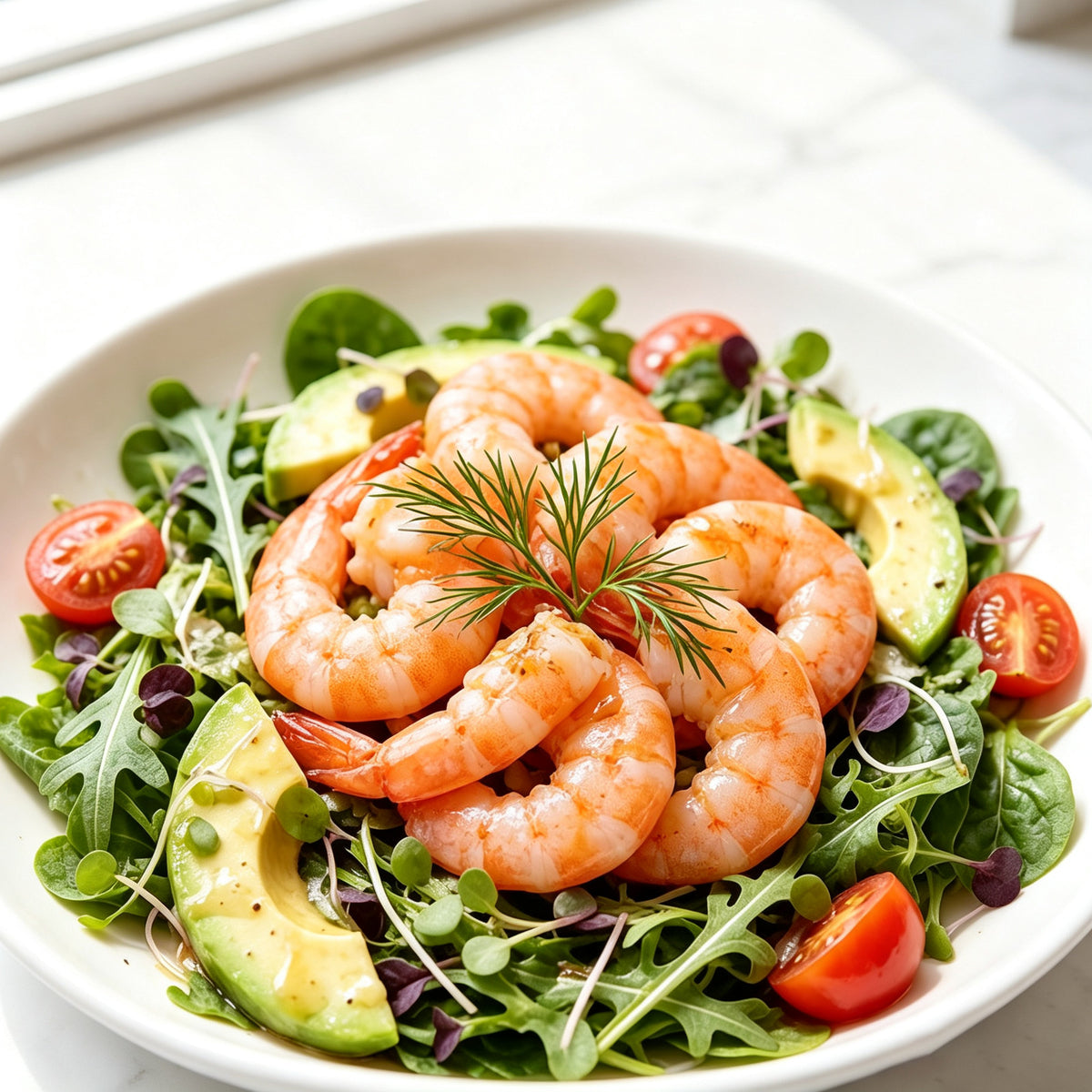 Cooked pink shrimp arranged over an avocado salad