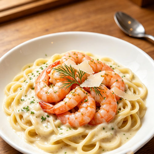 Sweet shrimp topping a bowl of creamy pasta