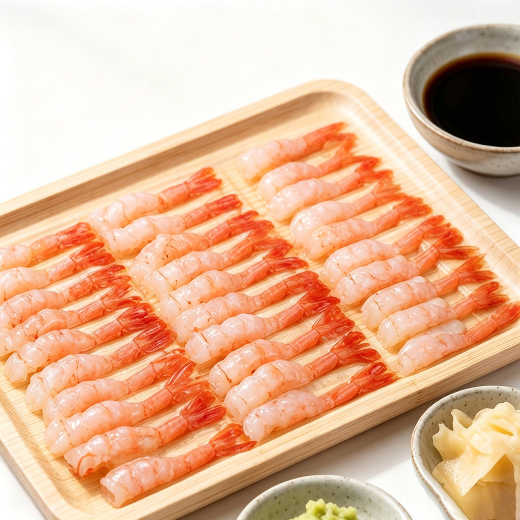Tray of peeled sweet shrimp with tails on pale wood