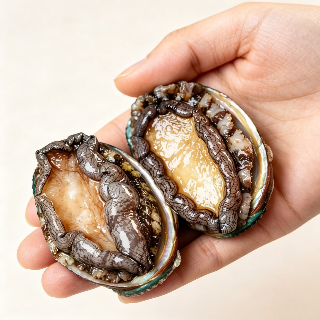 Hand holding two whole abalone in their iridescent shells