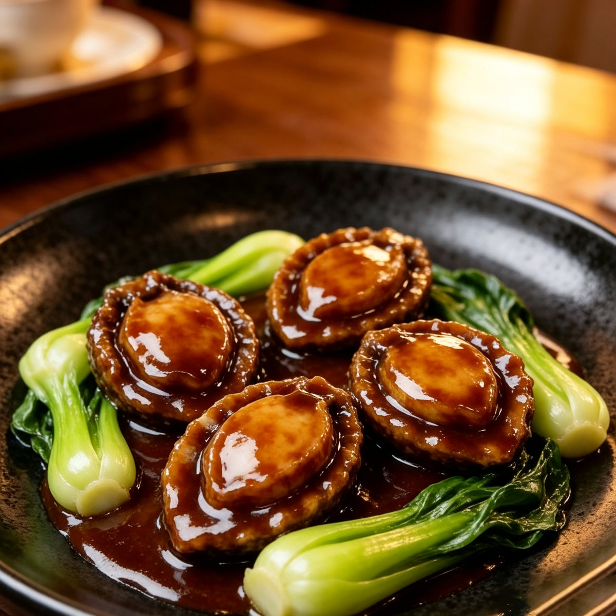 Braised abalone served with bok choy in a dark glossy sauce