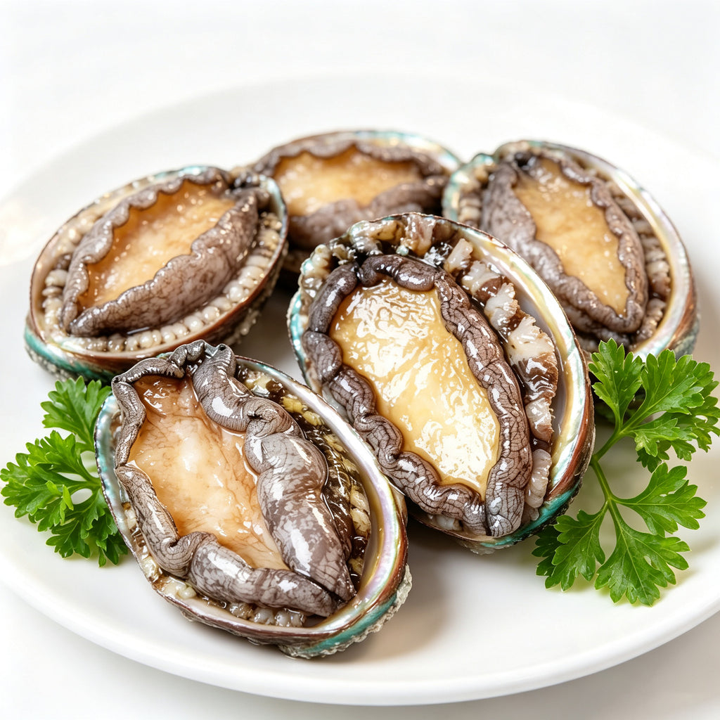 Five whole abalone in shell arranged on a white plate with parsley