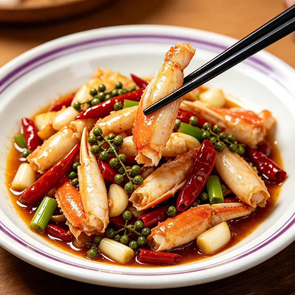 Cooked crab legs tossed in a chilli stir-fry on a white plate