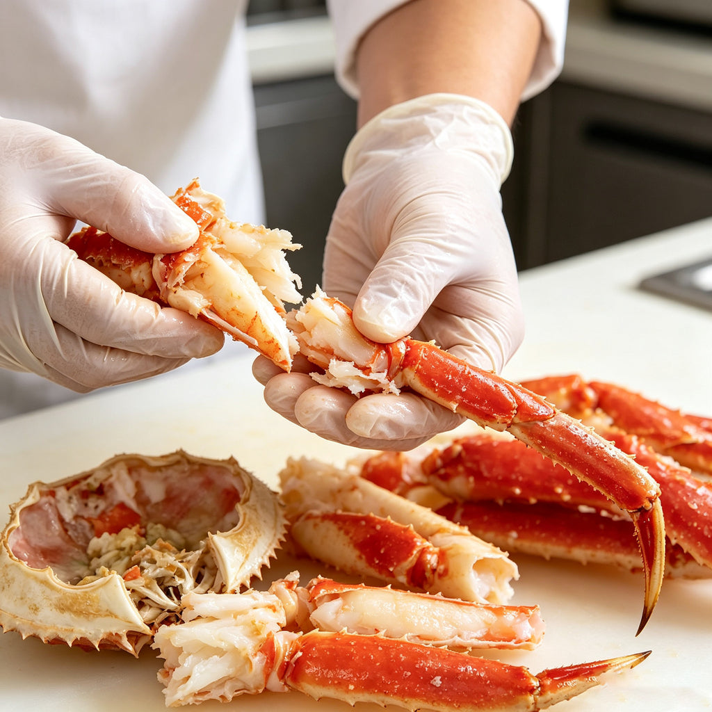 Hands separating sweet crab meat from red crab leg shells