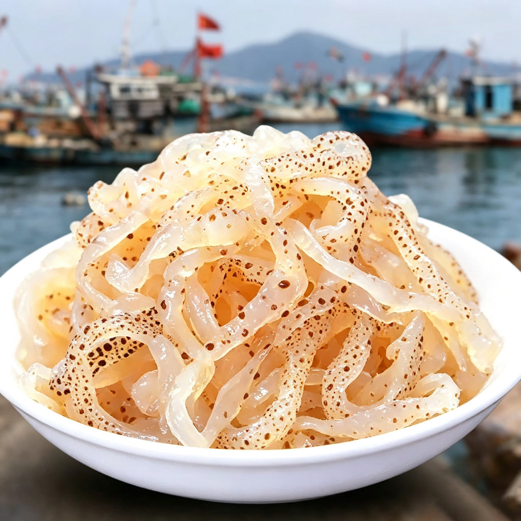 Bowl of translucent jellyfish strips on a harbour quay