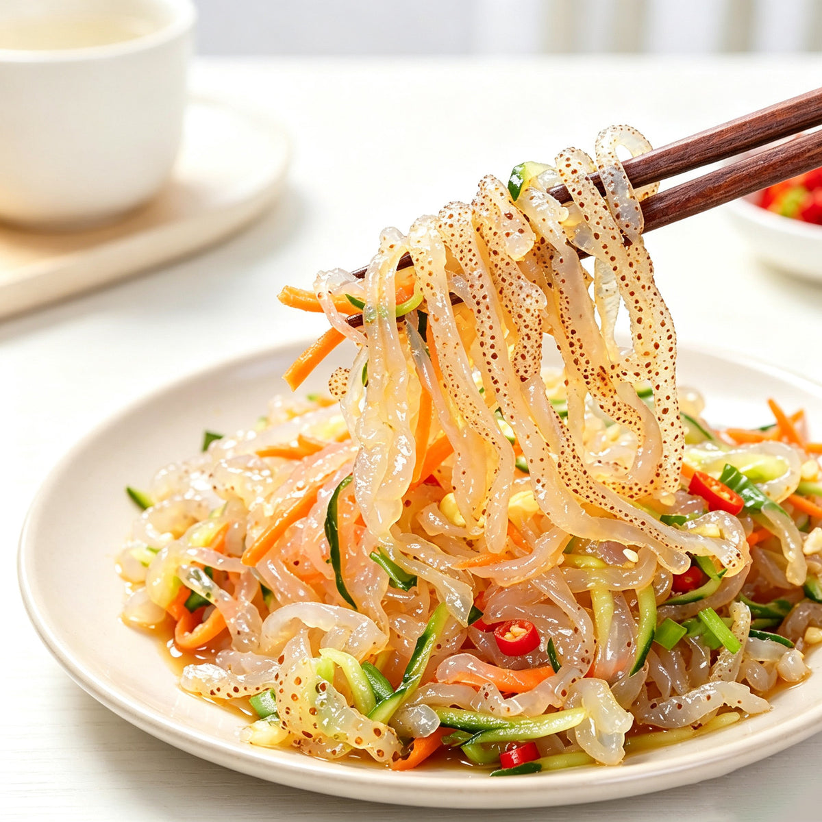 Chopsticks lifting jellyfish strips from a cold salad