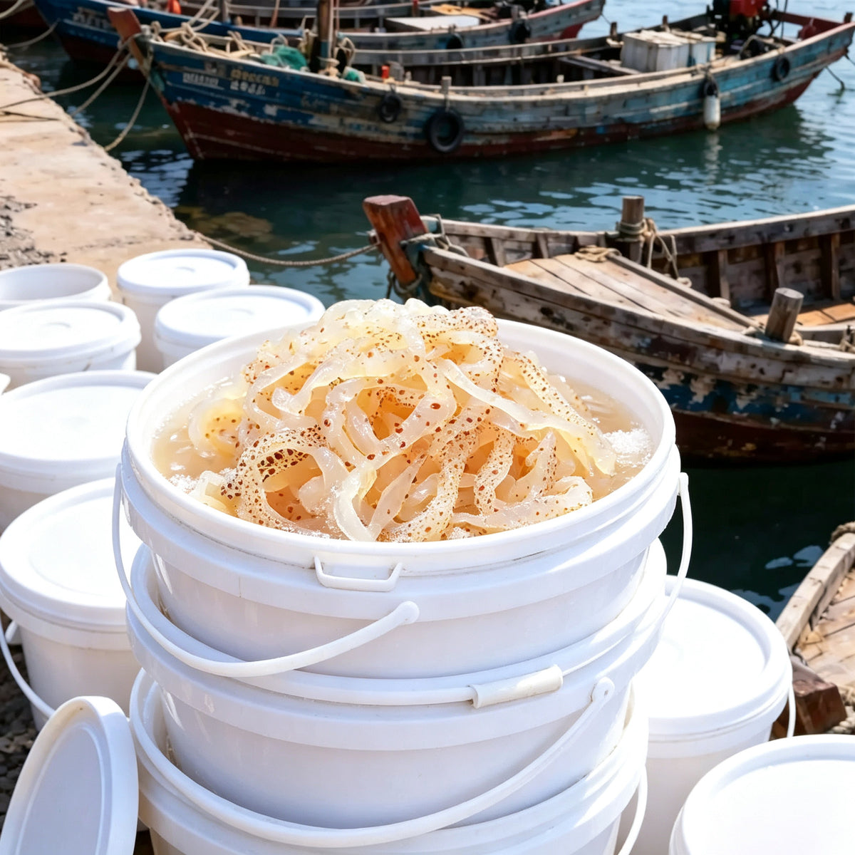 White bucket packed with salt-preserved jellyfish strips